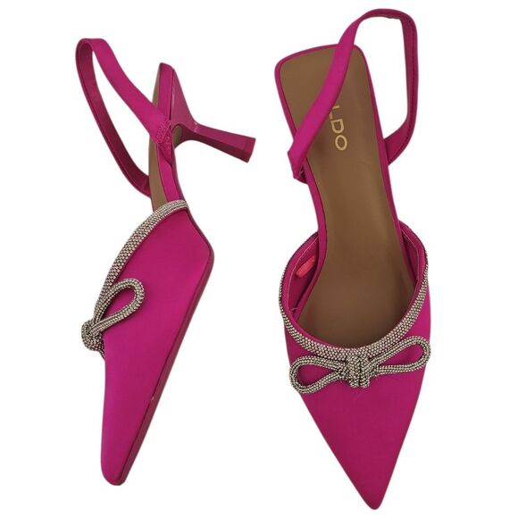 New- Aldo Pink Satin Effect Crystal Rhinestone Bow Slingback LacqueredHeels - Picture 6 of 12